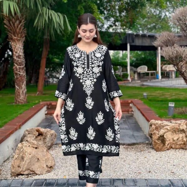 Stylish Black Embrodiered Cotton Shirt And Trouser Set -  2 pcs