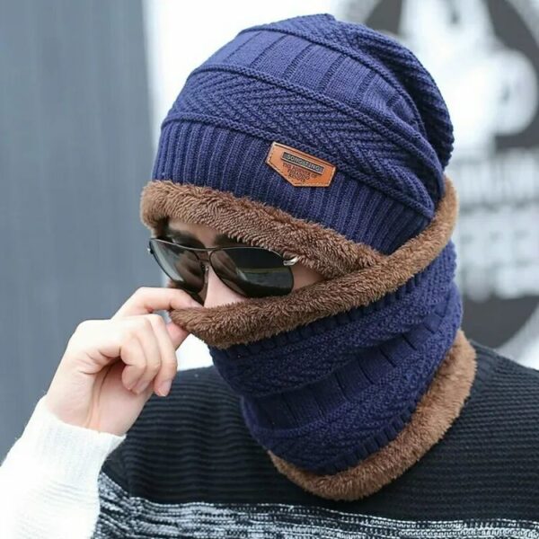 2pc Winter Cap Beanie Hat Cap Neck Warmer Scarf Set Fleece Lined Skull Cap and Scarf Unisex Hat & Scarf Set Stylish Knit Skull Cap for Men Women - Image 3