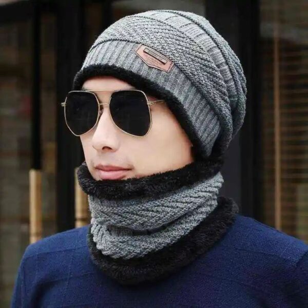 2pc Winter Cap Beanie Hat Cap Neck Warmer Scarf Set Fleece Lined Skull Cap and Scarf Unisex Hat & Scarf Set Stylish Knit Skull Cap for Men Women - Image 5